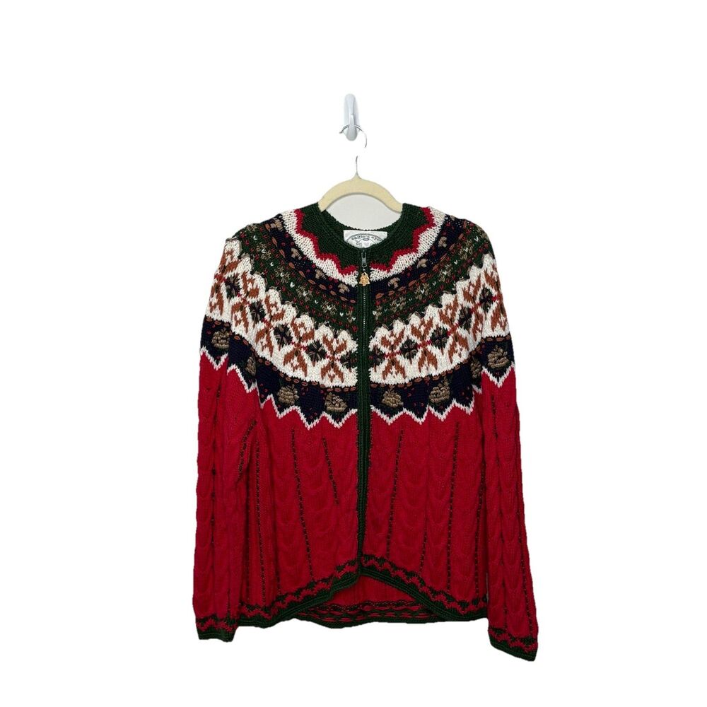 Eagles Eye Christmas Cardigan Granny Core Hand Knit Zip Sweater Sz Large Red